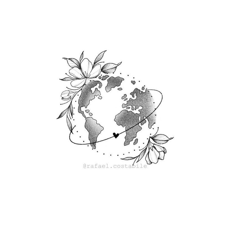 a drawing of the earth with leaves and flowers on it's side, in black ink