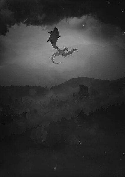 a black and white photo of a dragon flying in the sky