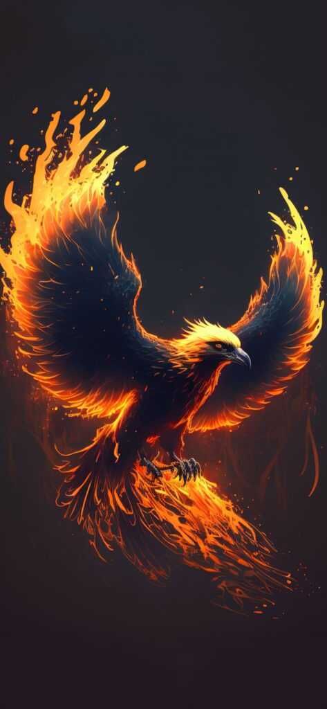 an eagle flying through the air with fire on its wings