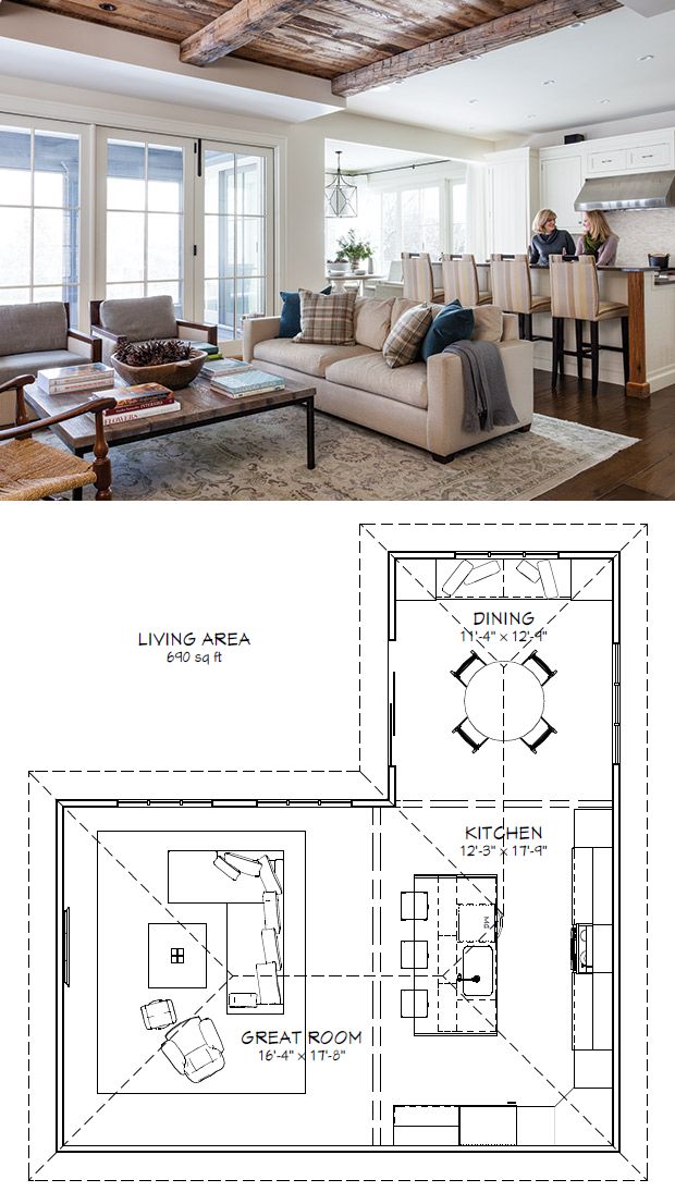 a living room and kitchen are shown in this floor plan, which is divided into two sections