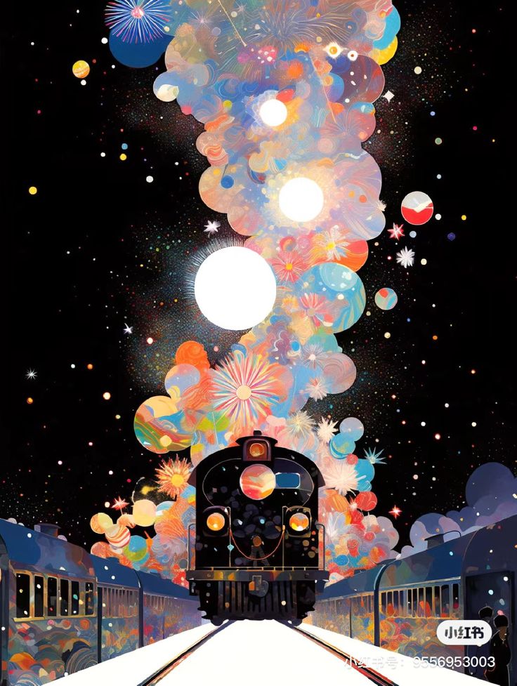 a train traveling down tracks under a sky filled with lots of colorful balloons and stars