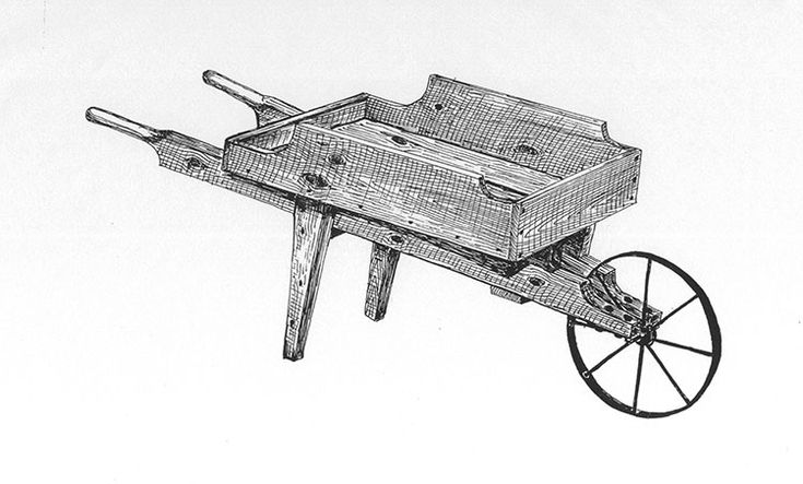 a drawing of a wooden cart with wheels