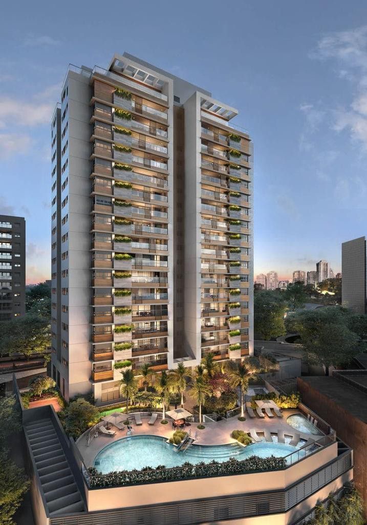 an artist's rendering of a high rise building with swimming pool in the foreground