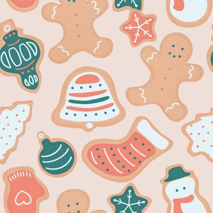 an image of christmas cookies and ornaments on a pink background that is seamed together