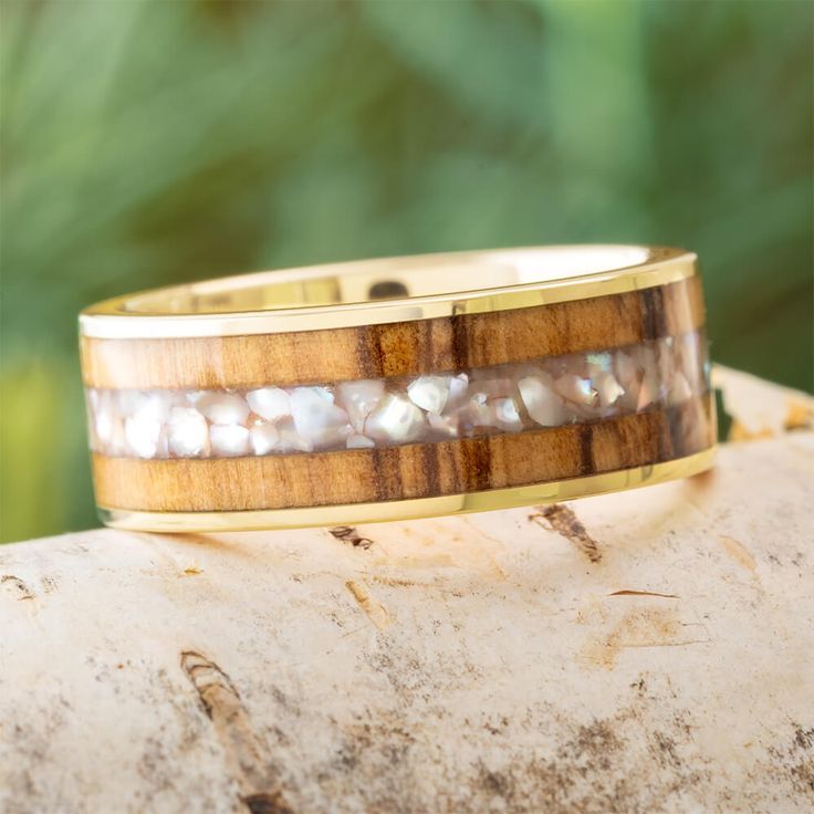 Bethlehem Olive Wood Ring Mens Wedding Ring With Wood Band, Gold And Wood Ring, Men’s Wooden Wedding Band, Mens Gold And Wood Ring, Wood And Metal Rings Men Wedding Bands, Pearl Wedding Ring, Wood Inlay Rings, Wood Wedding Band, Wood Wedding