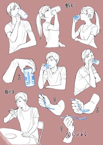 an anime character is drinking water from a bottle and holding his hand up to his mouth