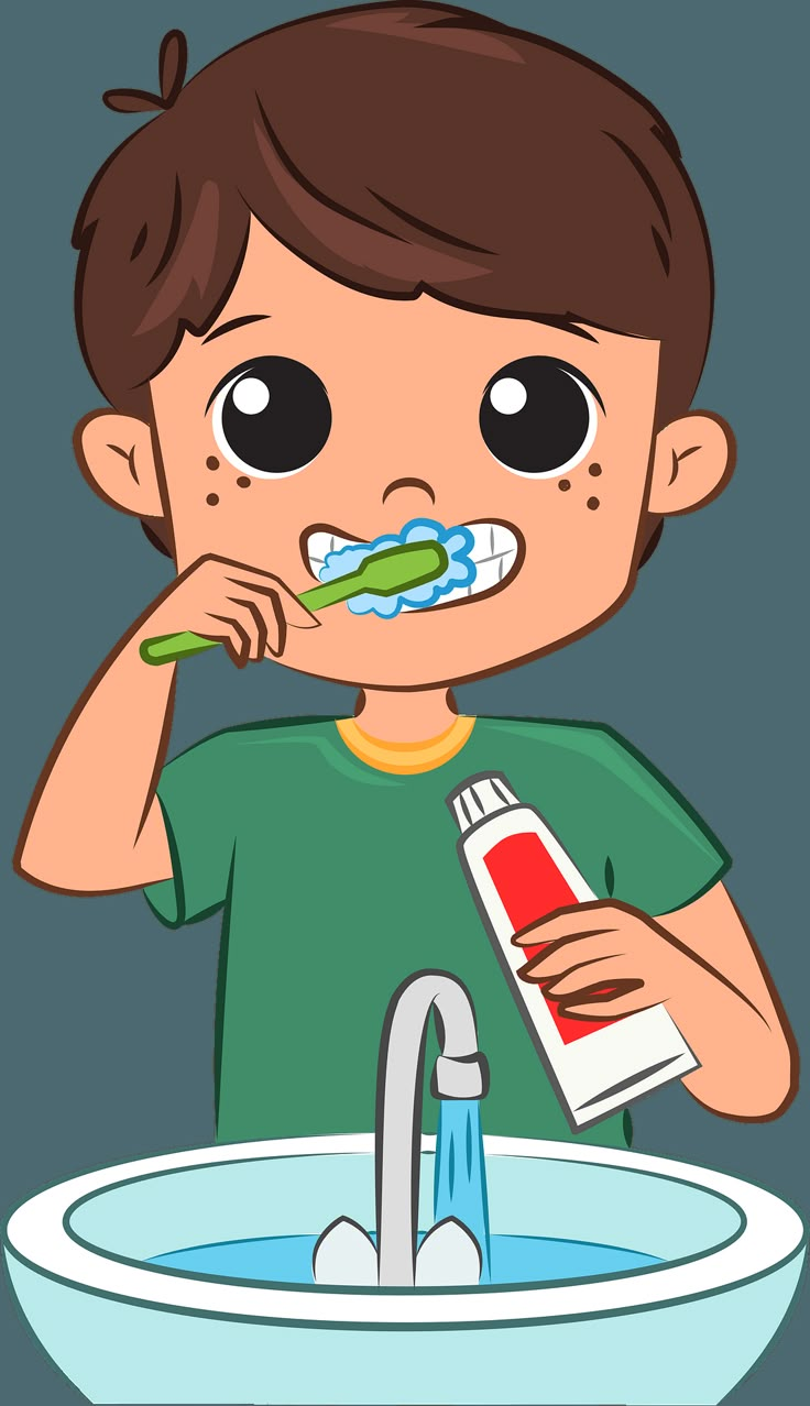 a young boy brushing his teeth in front of a sink with toothpaste on it