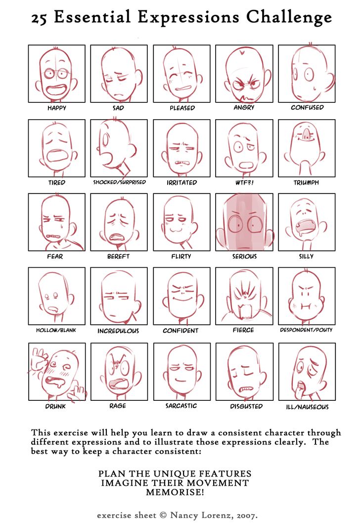 an instruction manual for how to draw facial expressions in different styles and sizes, including the head