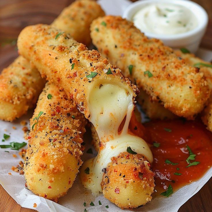 some fried food on a plate with sauce and parmesan cheese sticks in the middle