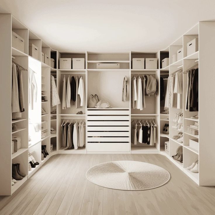 a large walk in closet filled with lots of white shelves and clothes on top of wooden floors