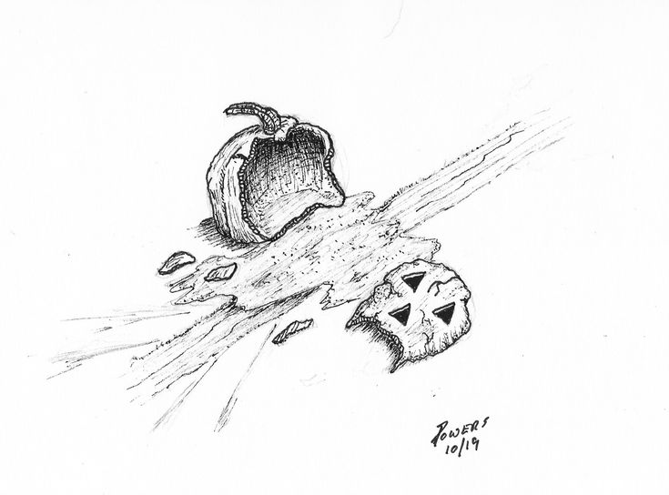 a pencil drawing of an apple falling into the ground with another apple in the background