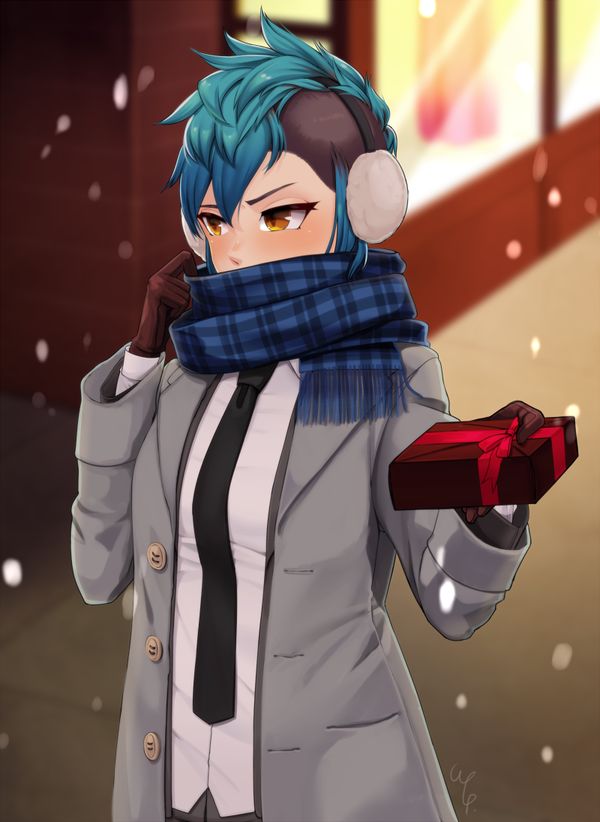 an anime character with blue hair wearing headphones and scarf, holding a red box