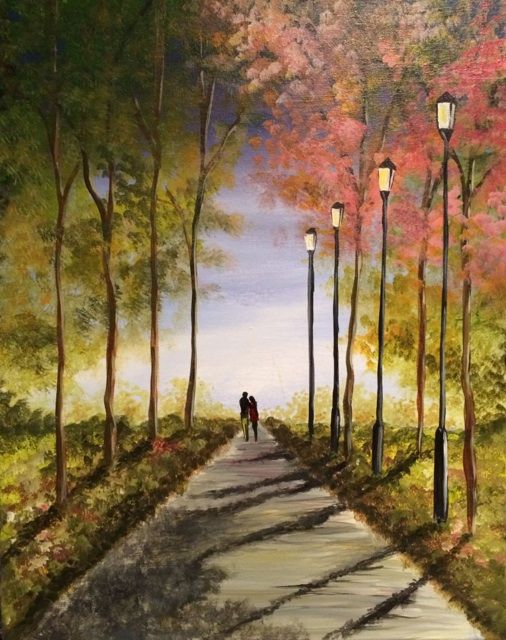 an oil painting of two people walking down a tree lined road with street lamps on either side