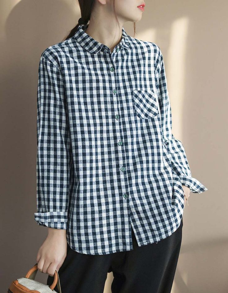 Spring Long Sleeve Gingham Line Shirt — Obiono Casual Gingham Blouse For Fall, Casual Gingham Shirt For Fall, Classic Gingham Cotton Blouse, Cotton Grid Pattern Button-up Shirt, Casual Gingham Long Sleeve Top, Everyday Gingham Long Sleeve Tops, Gingham Long Sleeve Tops For Everyday, Casual Long Sleeve Gingham Top, Everyday Long Sleeve Gingham Top