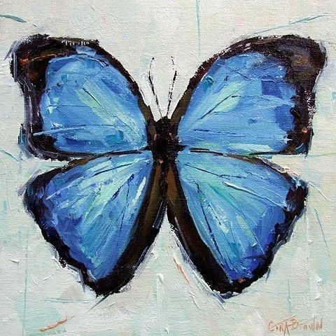 a painting of a blue butterfly on a white background