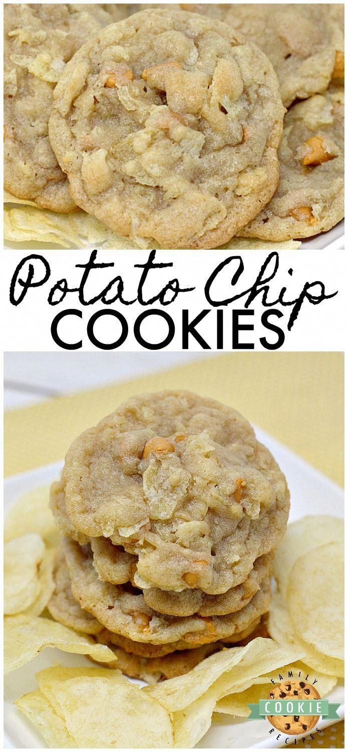 two pictures of cookies and chips on a plate with the words potato chip cookies above them