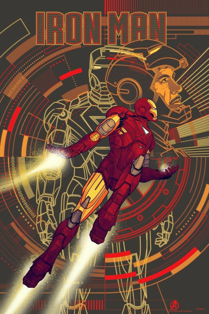 an iron man poster on a metal plate with the words iron man in gold and red