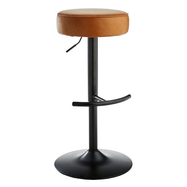 a black stool with a brown leather seat on an isolated white background for use in any room