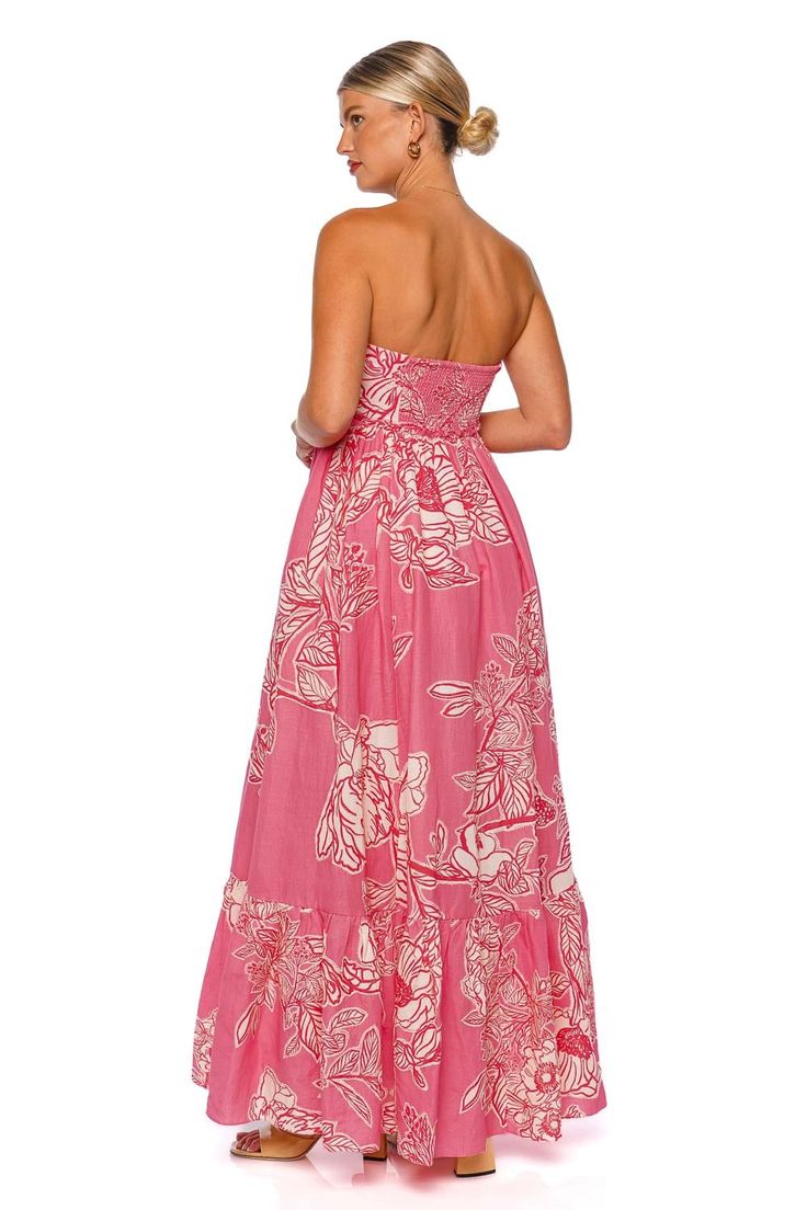 This strapless maxi dress features self-tie straps at the bust that can be knotted for a customized fit. Smocked back panel Optional adjustable shoulder strap attachments Side zip fastening 55% linen, 45% cotton Hand wash cold Denim Jacket With Dress, Guest Attire, Wedding Attire Guest, Strapless Maxi, Strapless Maxi Dress, Leather Trench Coat, Pink Maxi Dress, Romper Pants, Dress Ideas