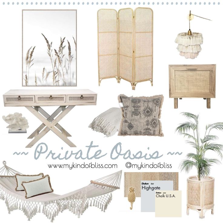 a collage of furniture and decor with the words private oasis on it