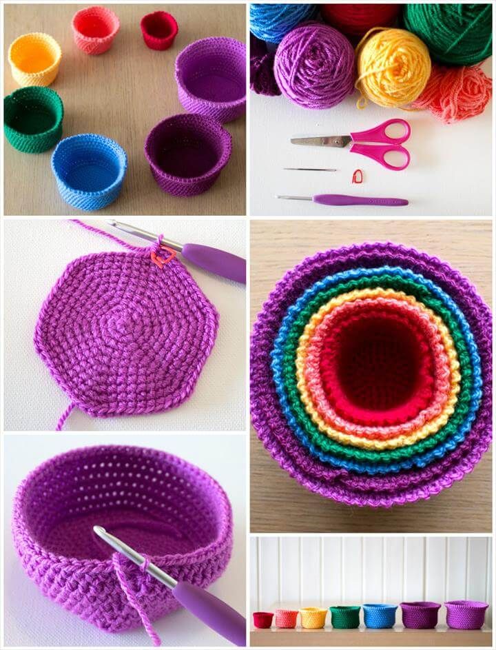 crocheted bowls and yarns are shown with scissors