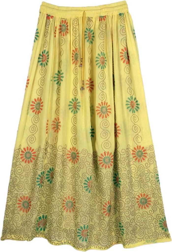 Floral Block Print Long Skirt in Lime Yellow | Yellow | Misses, Beach, Printed Traditional Maxi Skirt For Spring Beach Outings, Traditional Green Summer Skirt, Yellow Bohemian Skirt For Summer, Yellow Bohemian Summer Skirt, Spring Festival Green Maxi Skirt, Traditional Multicolor Spring Maxi Skirt, Traditional Multicolor Maxi Skirt For Spring, Yellow Cotton Flowy Maxi Skirt, Green Traditional Maxi Skirt For Summer