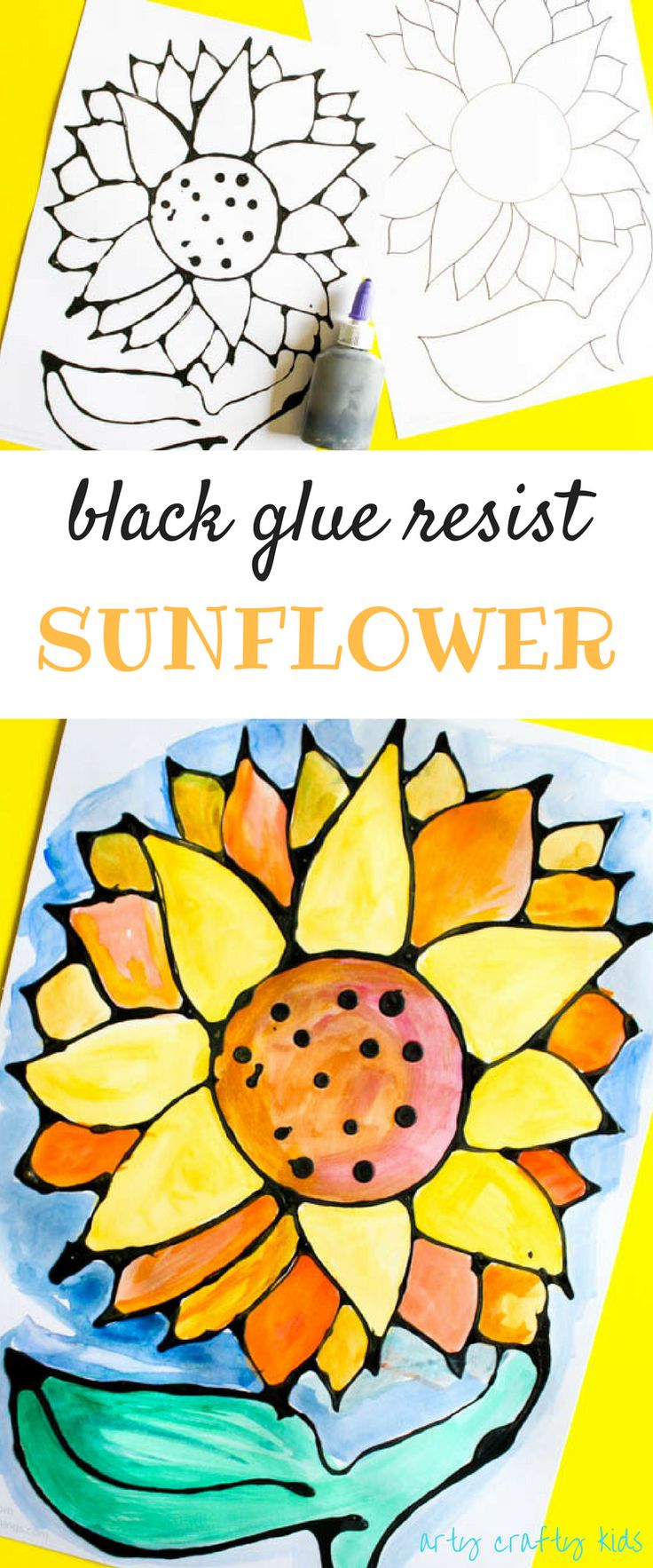 black glue resist sunflower is shown with the text, black glue resist sunflower