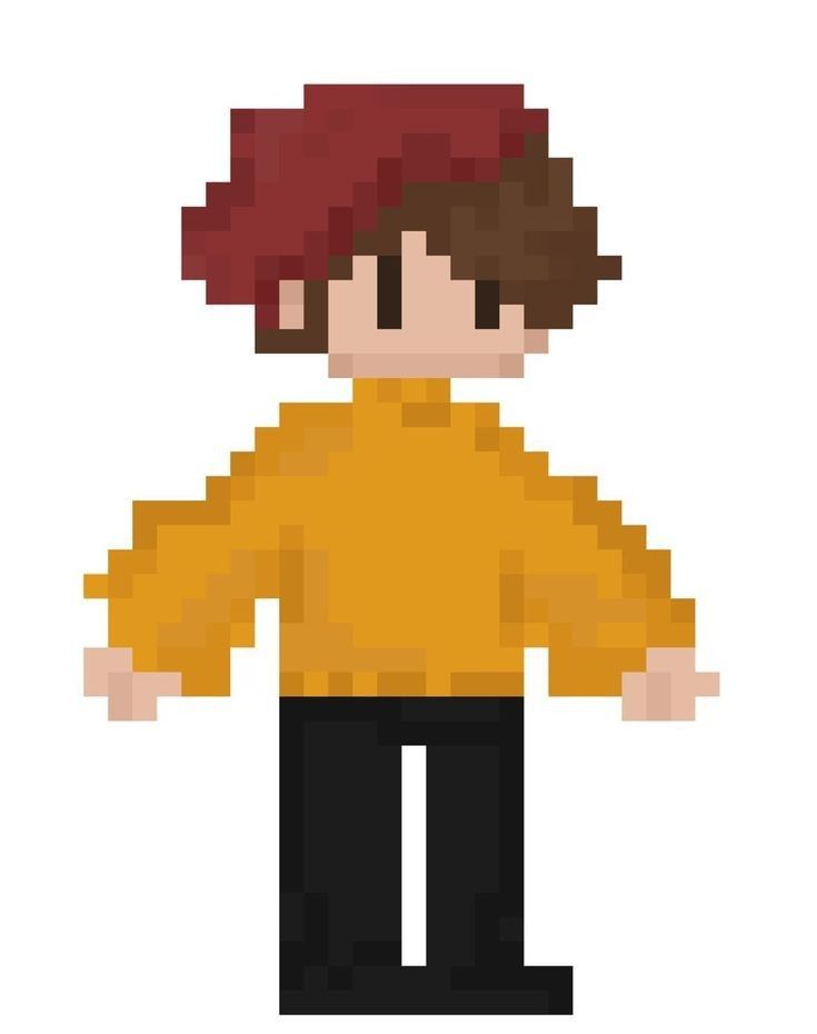 a pixel art image of a man with his hands on his hips, wearing a yellow shirt and black pants