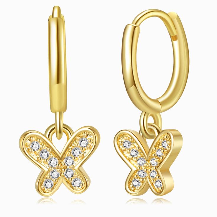 Jeweled Butterfly Gold Earrings in a white background Elegant Butterfly Charm Earrings, Elegant Gold Earrings With Butterfly Charm, Elegant Gold Butterfly Earrings, Elegant Gold Butterfly-shaped Earrings, Gold Butterfly Charm Earrings For Party, Party Earrings With Gold Butterfly Charm, Gold Earrings With Butterfly Charm For Party, Gold Butterfly Earrings For Formal Occasions, Elegant Single Butterfly Earring