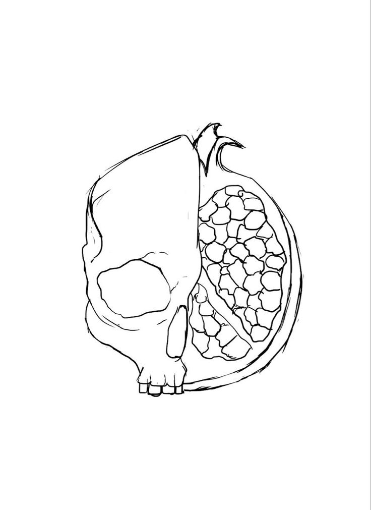 a black and white drawing of a half eaten pomegranate with the seeds still attached