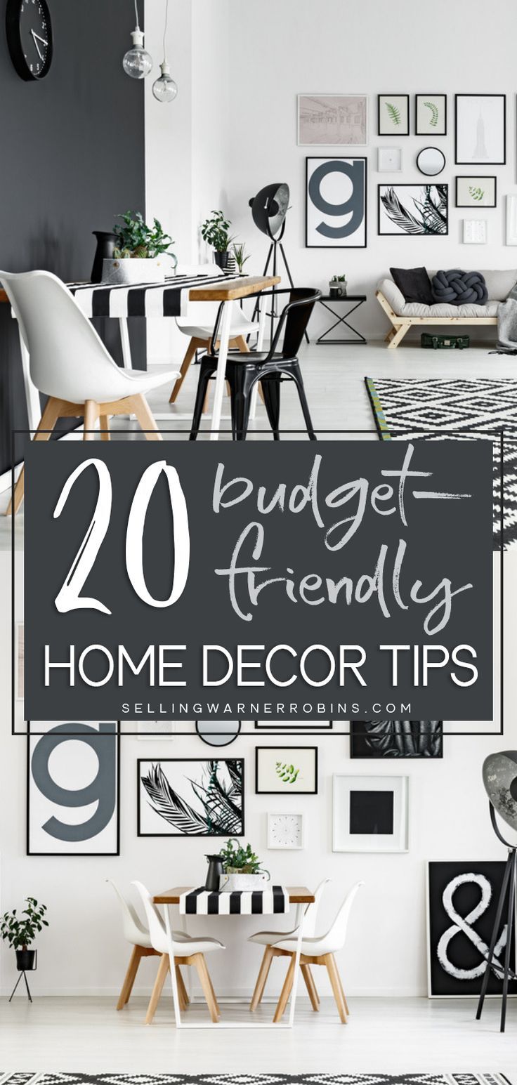 the words 20 budget friendly home decor tips on top of a black and white photo