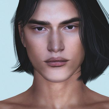 an animated image of a man with black hair and no shirt on, looking at the camera