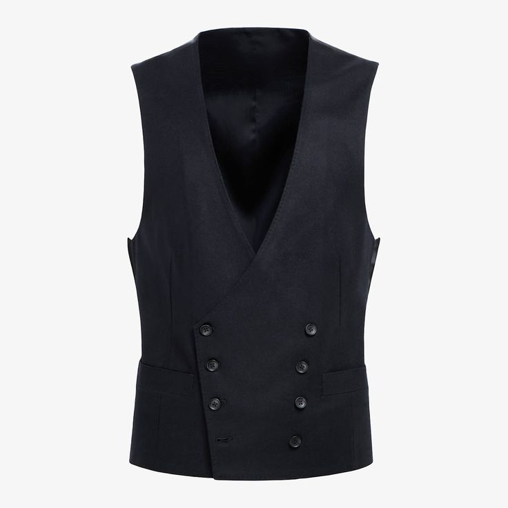 Available on its own or as part of a suit, this navy double-breasted waistcoat is made to give any look some instant depth and volume. Tailored to a slim fit, it features a rear adjustment strap and welt pockets. Tuxedo Style Business Vest Sleeveless, Sleeveless Tuxedo Vest For Business, Elegant Fitted Double-breasted Vest, Double-breasted Three-piece Suit For Workwear In Winter, Slim Fit Formal Vest For Winter, Sleeveless Business Outerwear With Button Closure, Winter Formal Slim Fit Vest, Formal Sleeveless Blazer With Button Closure, Sleeveless Blazer With Buttons For Tailoring