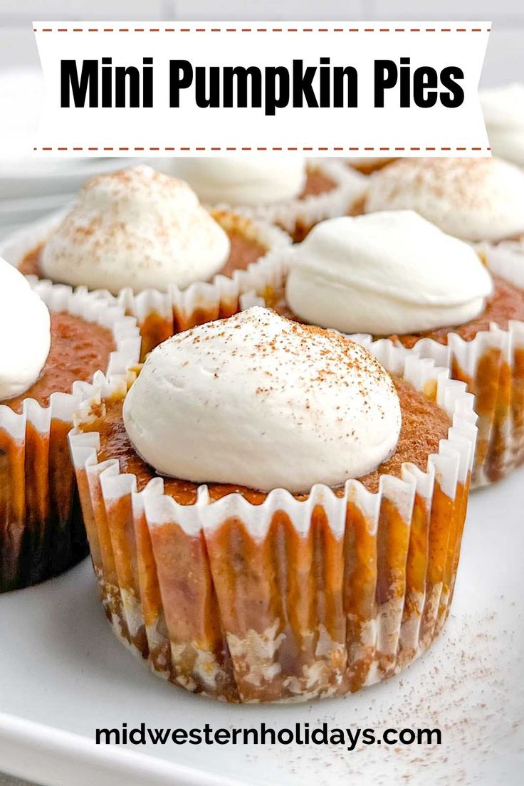 mini pumpkin pies on a white plate with frosting and cinnamon sprinkles