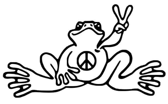 a black and white drawing of a frog with peace sign