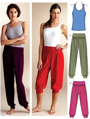 three women's pants and one woman's tank top in four different colors