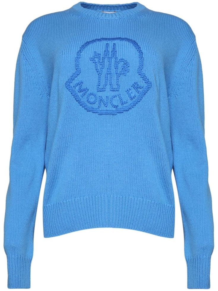 blue virgin wool-cashmere blend logo patch to the side intarsia-knit logo crew neck long sleeves ribbed detailing Moncler Sweater, Moncler Logo, High Neck Jumper, Knit Logo, Crew Neck Jumper, Knitted Jumper, Knitwear Women, Crew Neck Sweater, Patch Logo