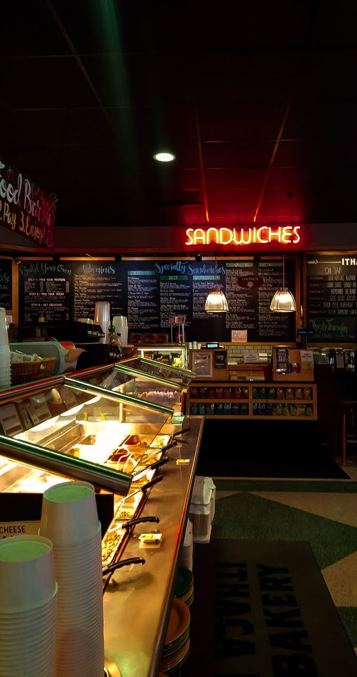 the inside of a fast food restaurant at night