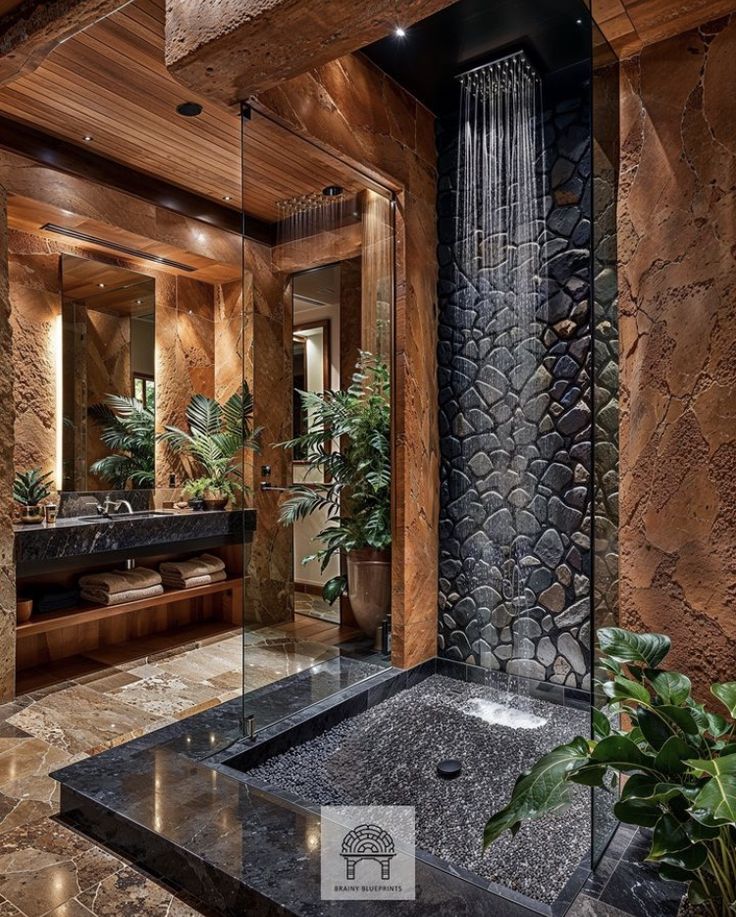 a bathroom with a large stone shower and black marble counter top, along with a plant in the corner