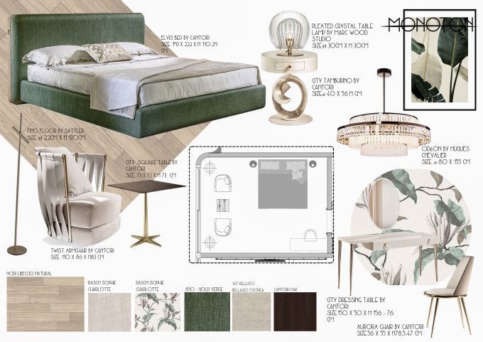 an image of a bedroom with furniture and accessories in green tones, including a bed