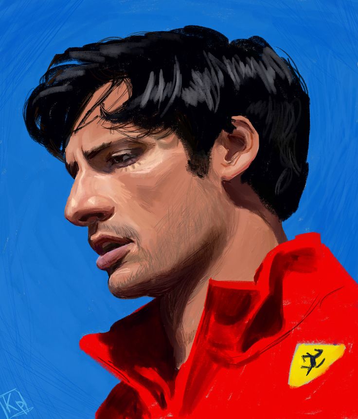 a painting of a man wearing a red shirt and looking off to the side with his eyes closed