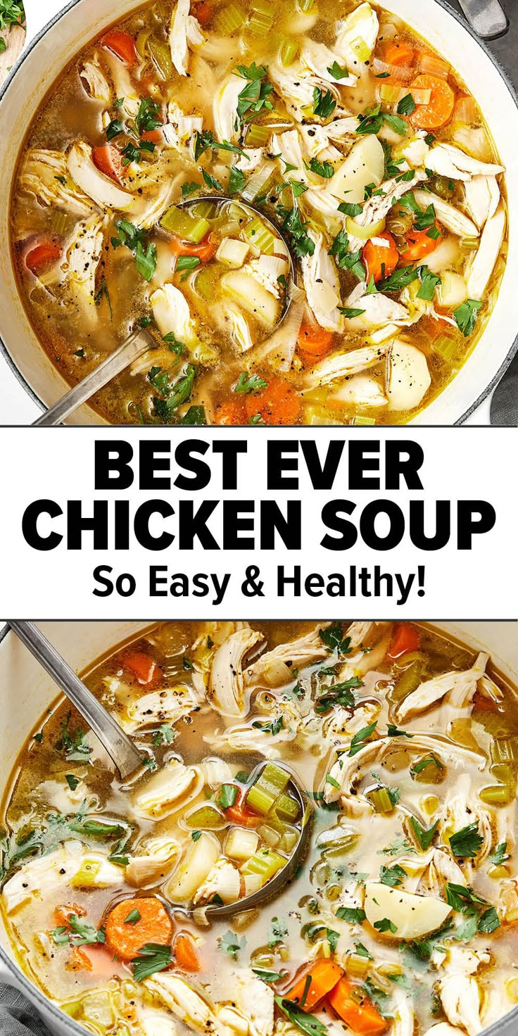 Easy and healthy homemade chicken soup Ultimate Chicken Noodle Soup, Poached Chicken Breast, Chicken Soup Recipes Homemade, Healthy Chicken Soup, Homemade Chicken Soup, Vegetable Soup With Chicken, Chicken Soup Recipe, Homemade Soup Recipe, Fall Soup Recipes