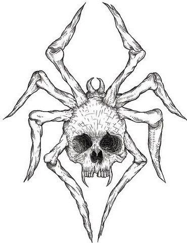 a drawing of a spider skull with claws on it's head and two hands