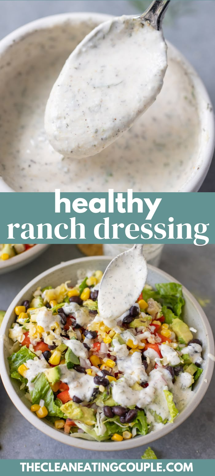 a white bowl filled with ranch dressing and a spoon full of dressing in the background