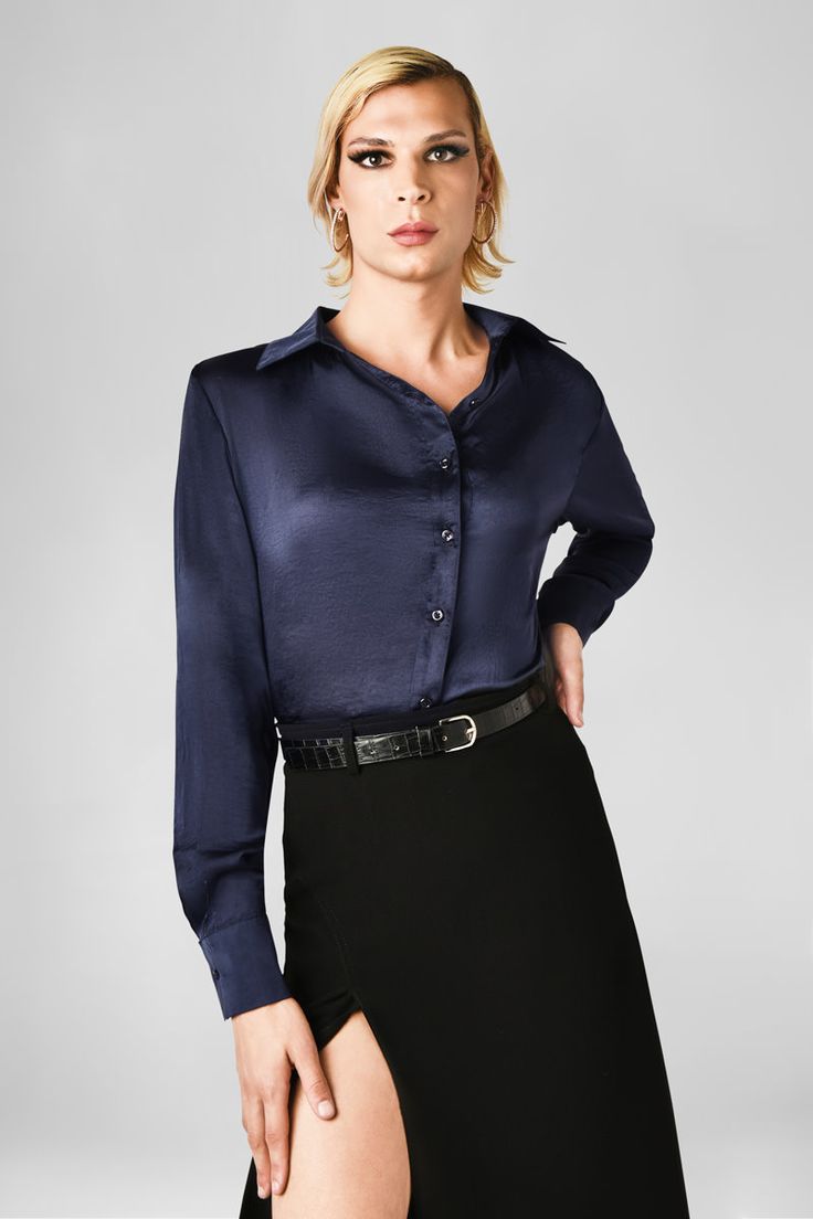 Our timeless button-up satin blouse is a true feminine statement piece. Subtly elegant for work one minute and flirtatiously playful the next. You can easily dress her up, down or sideways. For that chic & effortless vibe. Designed for the AMAB body such as the transgender woman or crossdresser. Elegant Semi-formal Blouse With Button Closure, Silk Office Blouse With Button Closure, Silk Blouse With Button Closure For Office, Elegant Office Blouse With Button Closure, Elegant Button-up Party Blouse, Silk Button-up Office Blouse, Elegant Long Sleeve Shirt For Night Out, Formal Satin Blouse With Buttons, Sleek Silk Blouse With Button Closure