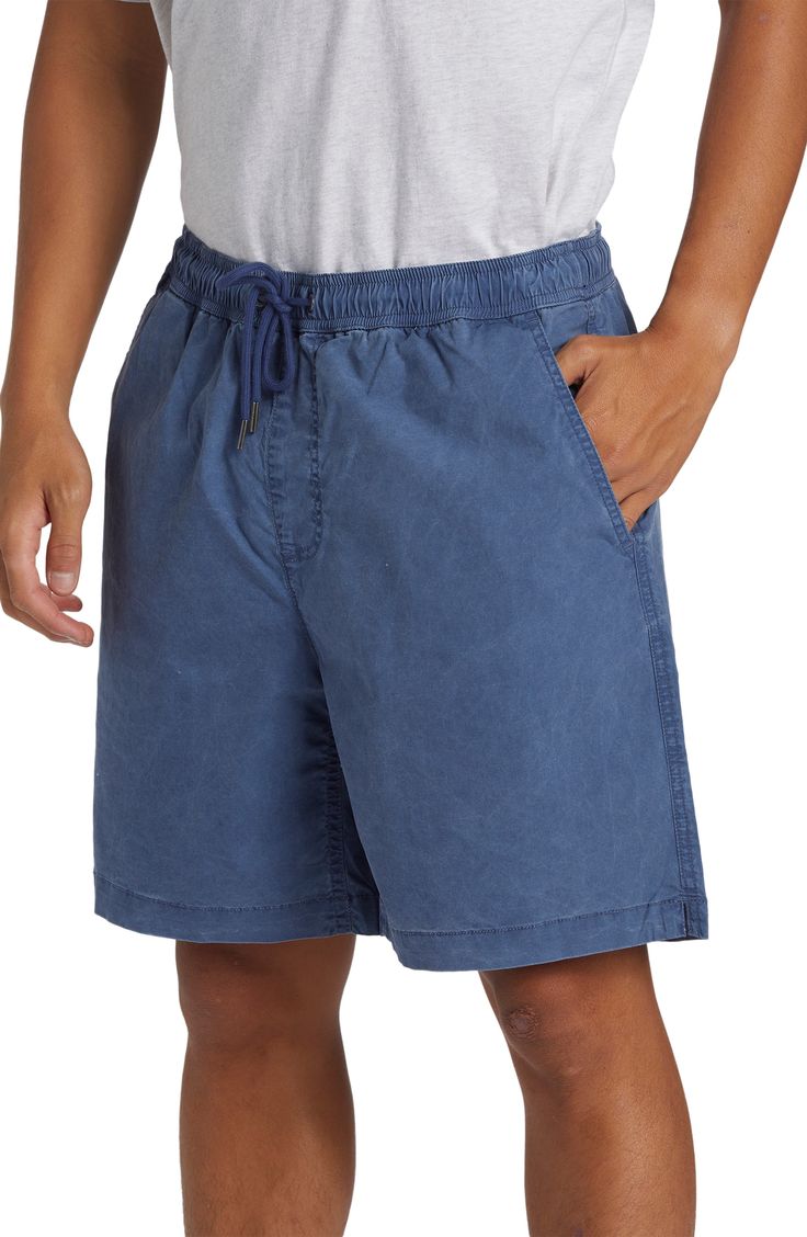 Roomy and relaxed, these shorts made of stretch-cotton poplin cinch comfortably at the waist and provide plenty of pockets for holding a day's essentials. 6 1/2" inseam; 22" leg opening; 12" front rise; 14" back rise (size medium) Elastic/drawstring waist Front slant pockets; back hook-and-loop patch pocket 98% cotton, 2% elastane Machine wash, tumble dry Imported Casual Bermuda Pull-on Shorts, Blue Pull-on Style Shorts, Casual Cotton Pull-on Shorts, Blue Pull-on Style Short Length Shorts, Relaxed Fit Blue Shorts With Pull-on Style, Casual Cotton Drawstring Shorts, Casual Shorts With Functional Drawstring For Leisure, Casual Blue Pull-on Shorts, Casual Everyday Shorts With Drawstring