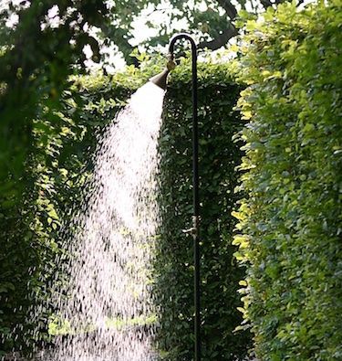 a sprinkler is spraying water into the air in front of some bushes