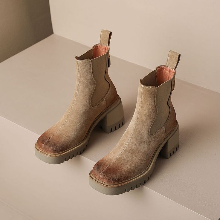 Introducing our new tan platform chelsea boots! These stylish boots are perfect for any outfit. whether you're dressing up or keeping it casual. Made from soft suede. they're comfortable to wear all day long. And the elevated heel adds a touch of glamour. Slip them on and you'll be ready to take on the world! Upper: Suede Lining: Leather/Short Plush Outsole: Rubber Toe: Round Toe Closure: Zip Color: Tan. Black Heel: 7cm/2.8'' Shaft: 13.5cm/5.3'' Shaft Circumference: 24cm/9.4'' Handmade?: Yes The Tan Chelsea Boots, Shoes Aesthetic, Platform Chelsea Boots, Zipper Heels, Leather Short, Tan Boots, Stylish Boots, Round Toe Heels, Chunky Boots