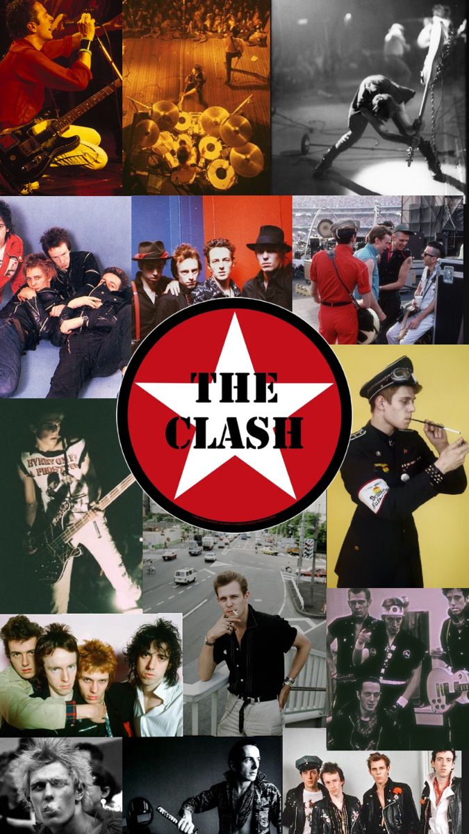 the clash collage with many different pictures and words on it, including one star