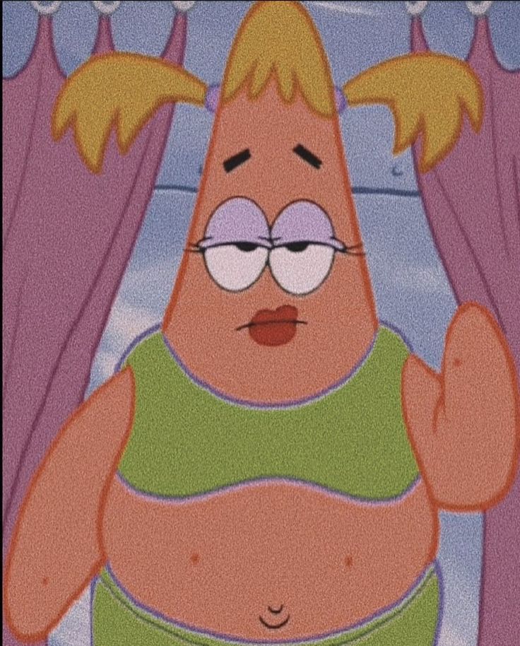 a cartoon character with glasses and no shirt on, standing in front of pink curtains